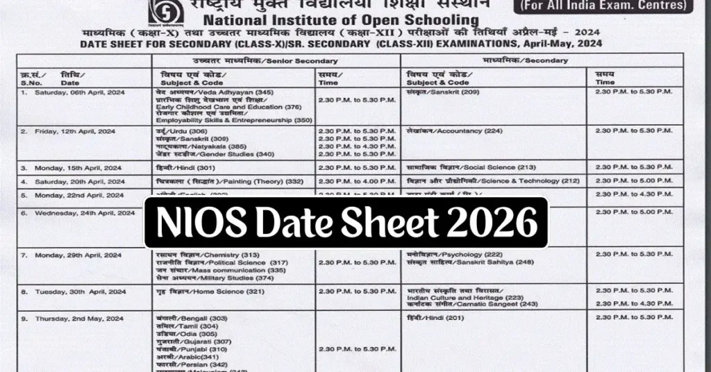 NIOS Date Sheet 2026